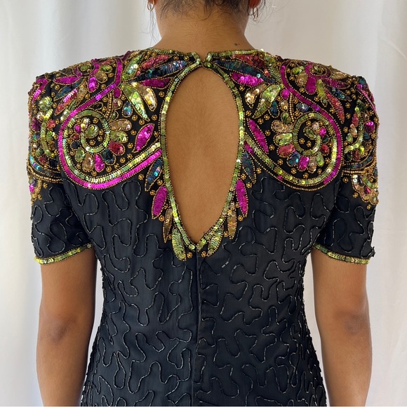 Vintage 80s Lawrence Kazar Embellished multicolor Sequin Cocktail Dress size PL - Picture 9 of 17